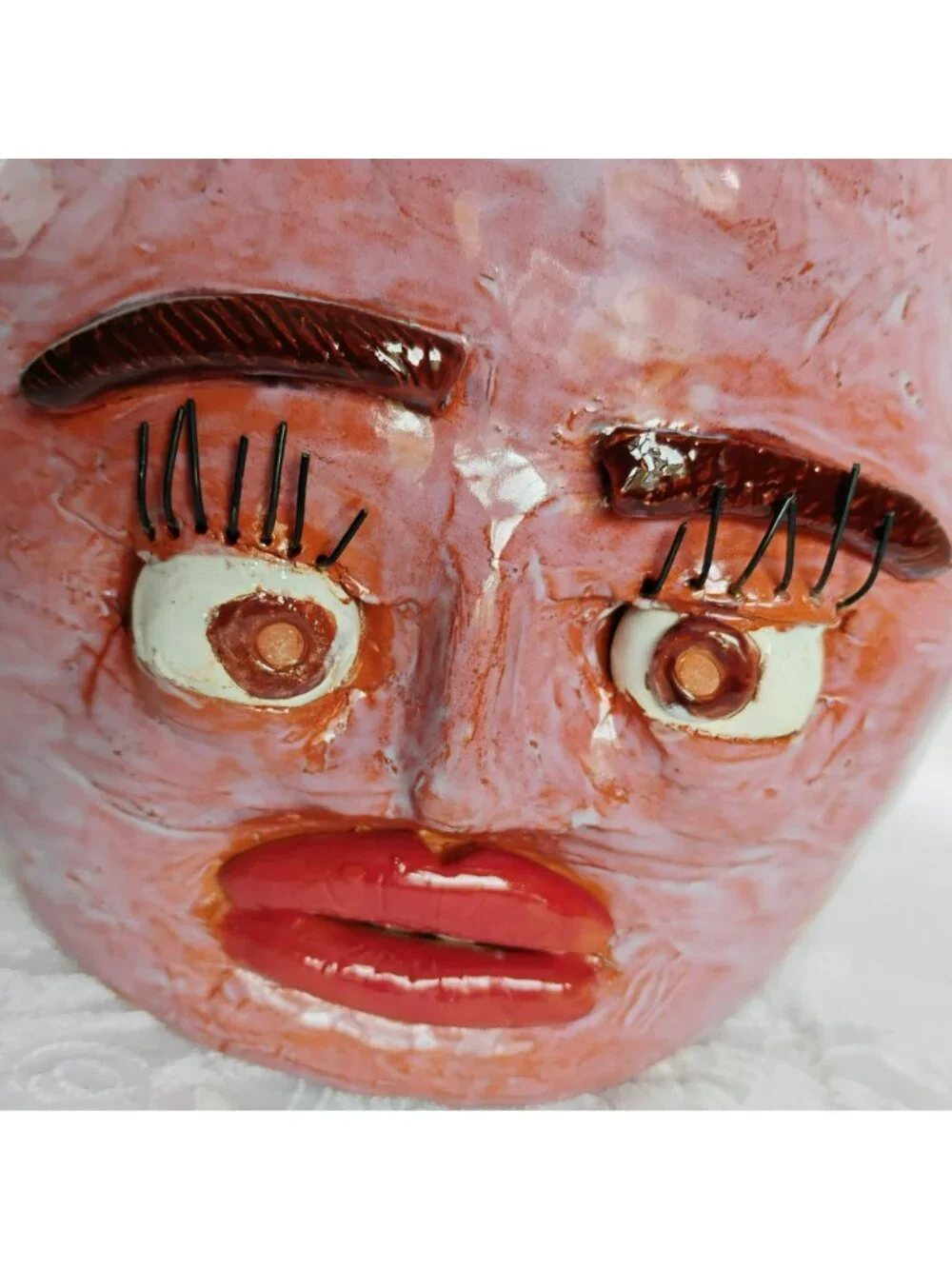 Whimsical Ceramic Ugly Face Jug Handmade Carolina Pottery Pink Planter Pot Vase - Picture 9 of 11